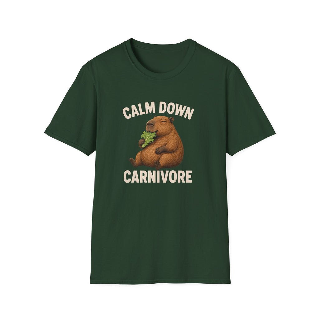 Green vegan short-sleeve crewneck t-shirt featuring a cartoon graphic of a brown groundhog holding green lettuce, with the text 'CALM DOWN CARNIVORE' printed in beige above and below the illustration.