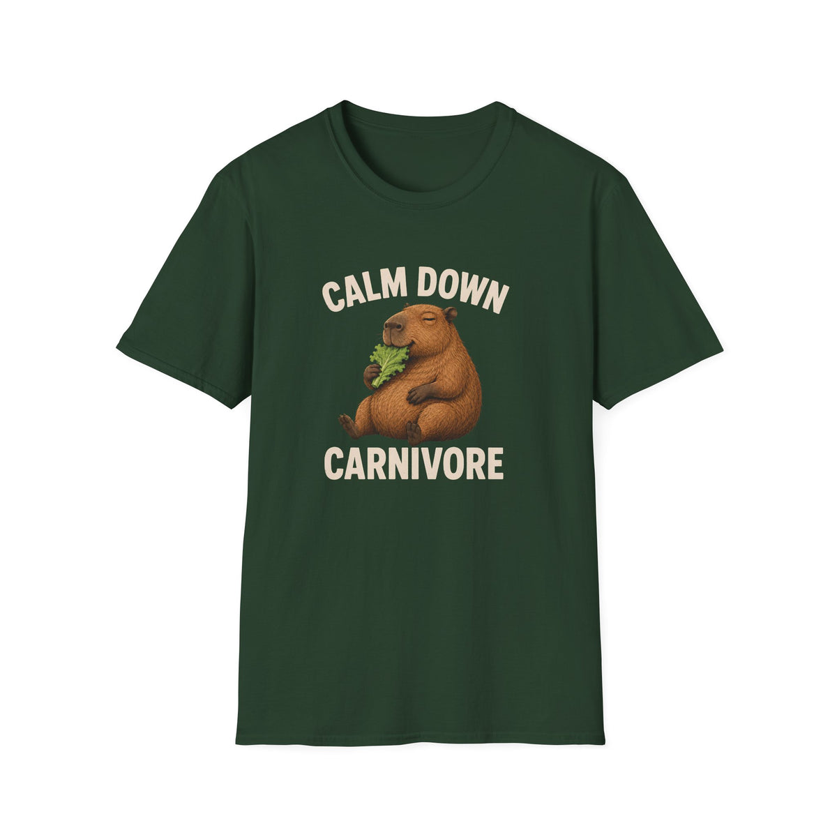 Green vegan short-sleeve crewneck t-shirt featuring a cartoon graphic of a brown groundhog holding green lettuce, with the text 'CALM DOWN CARNIVORE' printed in beige above and below the illustration.