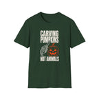 A black short-sleeve crewneck t-shirt with a graphic on the front that reads 'CARVING PUMPKINS NOT ANIMALS' in white text, featuring a white skeletal hand pointing to an orange jack-o'-lantern pumpkin.