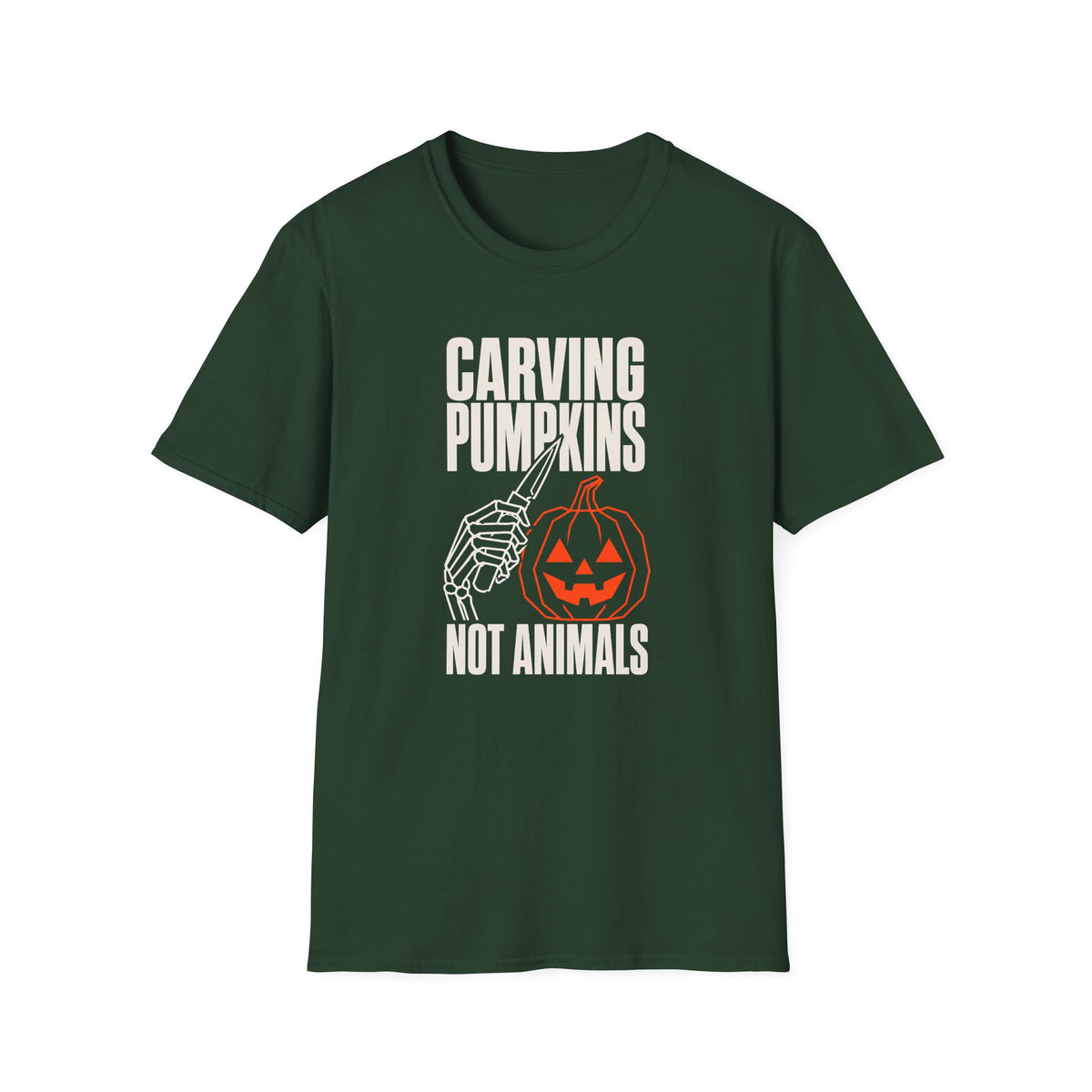 A black short-sleeve crewneck t-shirt with a graphic on the front that reads 'CARVING PUMPKINS NOT ANIMALS' in white text, featuring a white skeletal hand pointing to an orange jack-o'-lantern pumpkin.