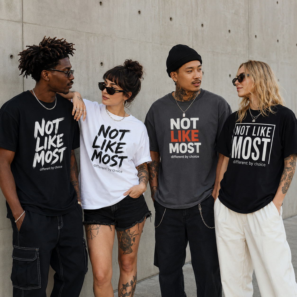 Four people wearing 'Not Like Most Different By Choice' t-shirts standing against a concrete wall.