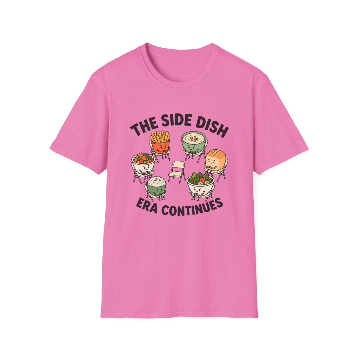 Vegan pink t-shirt with text 'the side dish era continues' with various side dishes sitting in a circle