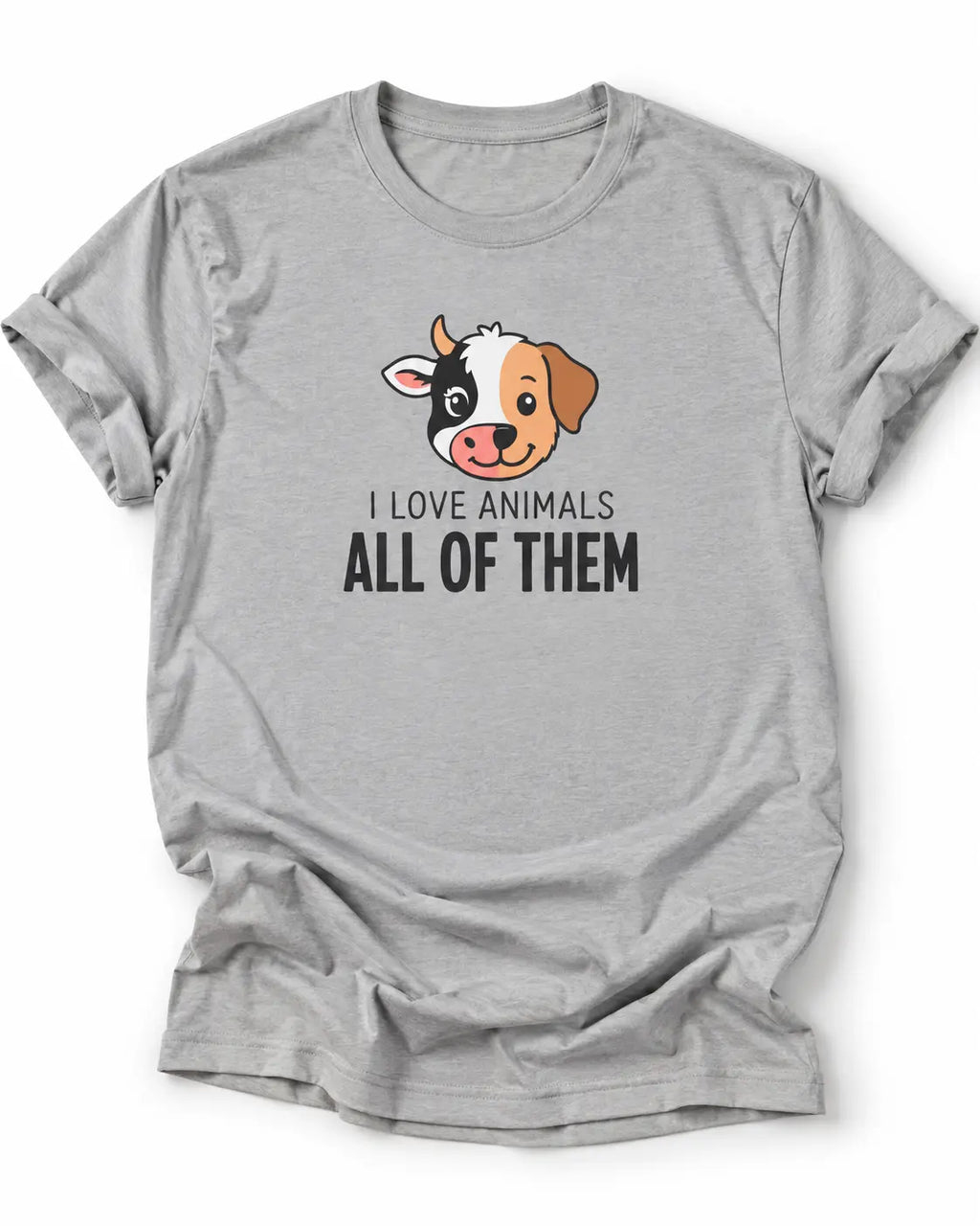 A sports grey vegan short-sleeve crewneck t-shirt featuring a cartoon dog graphic and the text 'I LOVE ANIMALS ALL OF THEM' printed on the chest, displayed against a solid white background.