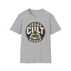 A light gray heather crewneck t-shirt featuring a circular graphic on the chest that reads 'VEGAN CULT MEMBER' with a small green plant illustration.