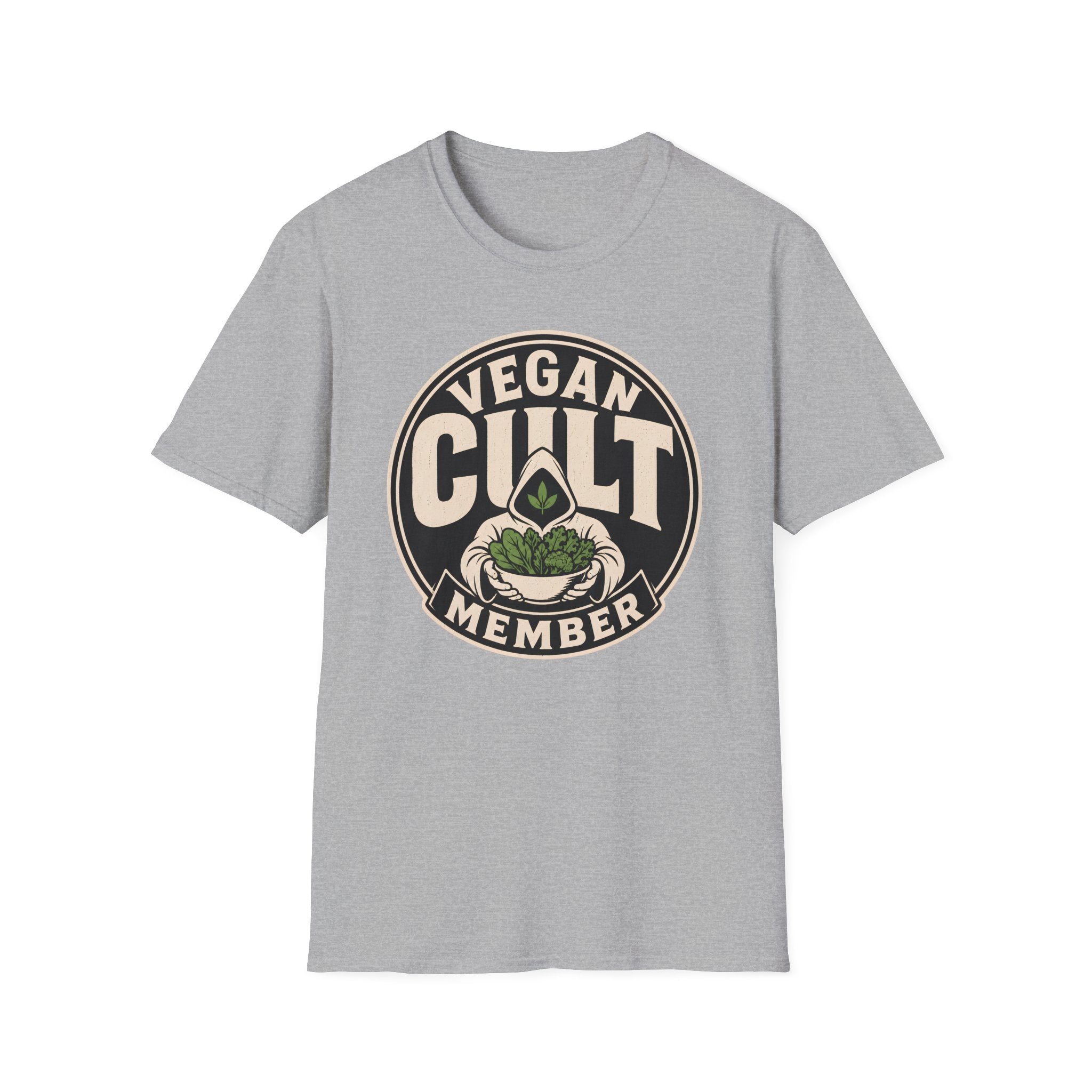 A light gray heather crewneck t-shirt featuring a circular graphic on the chest that reads 'VEGAN CULT MEMBER' with a small green plant illustration.