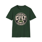 Green t-shirt with text 'vegan cult member'