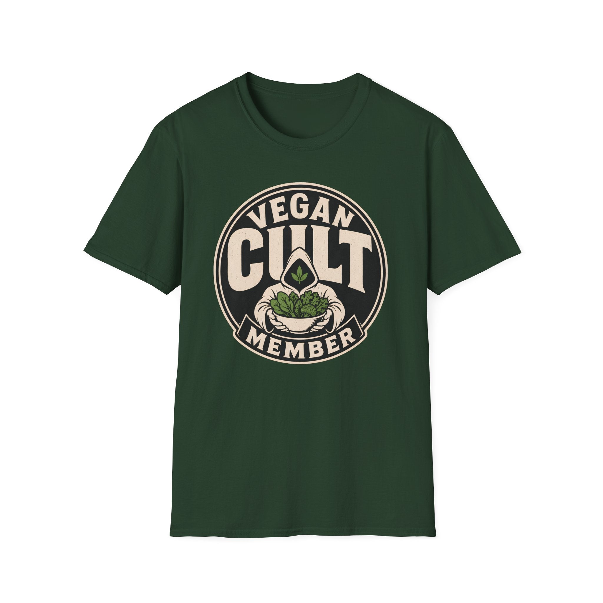 Green t-shirt with text 'vegan cult member'