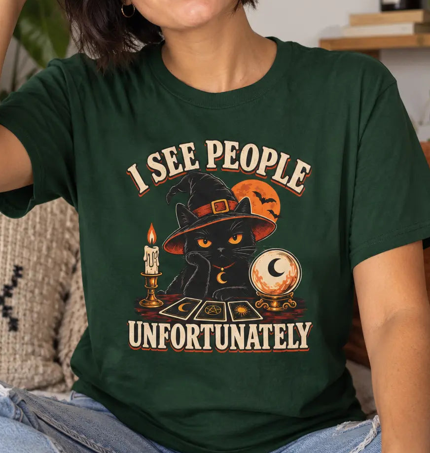women wearing a green halloween tee with the text 'i see people unfortunately'