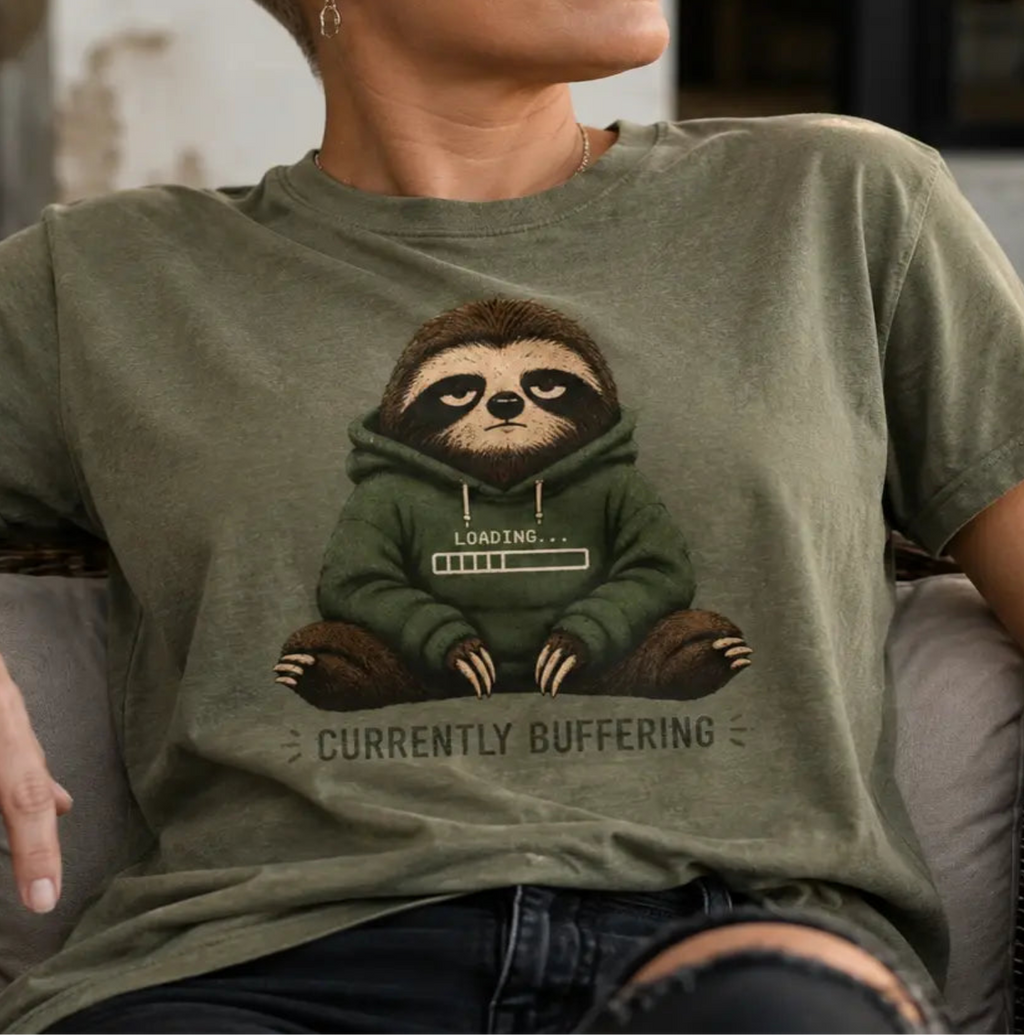 woman wearing a green tee with a sloth graphic and text 'currently buffering'