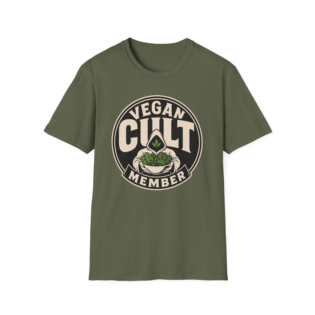 Green t-shirt with text 'vegan cult member'
