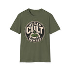 Green t-shirt with text 'vegan cult member'