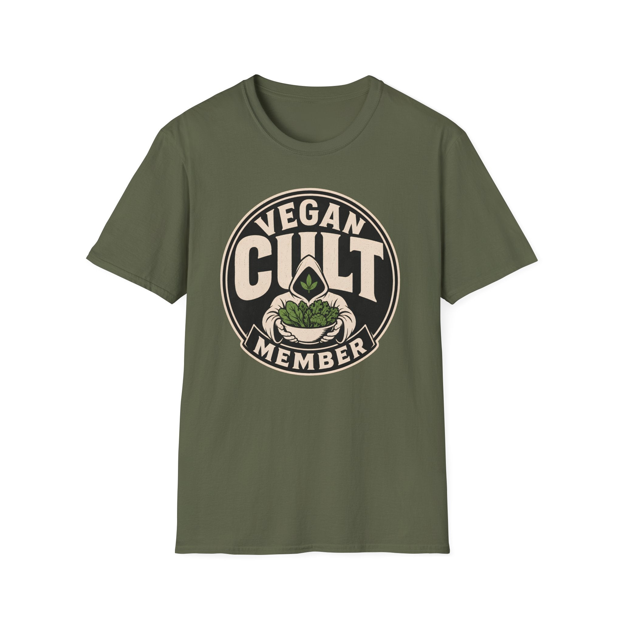 Green t-shirt with text 'vegan cult member'