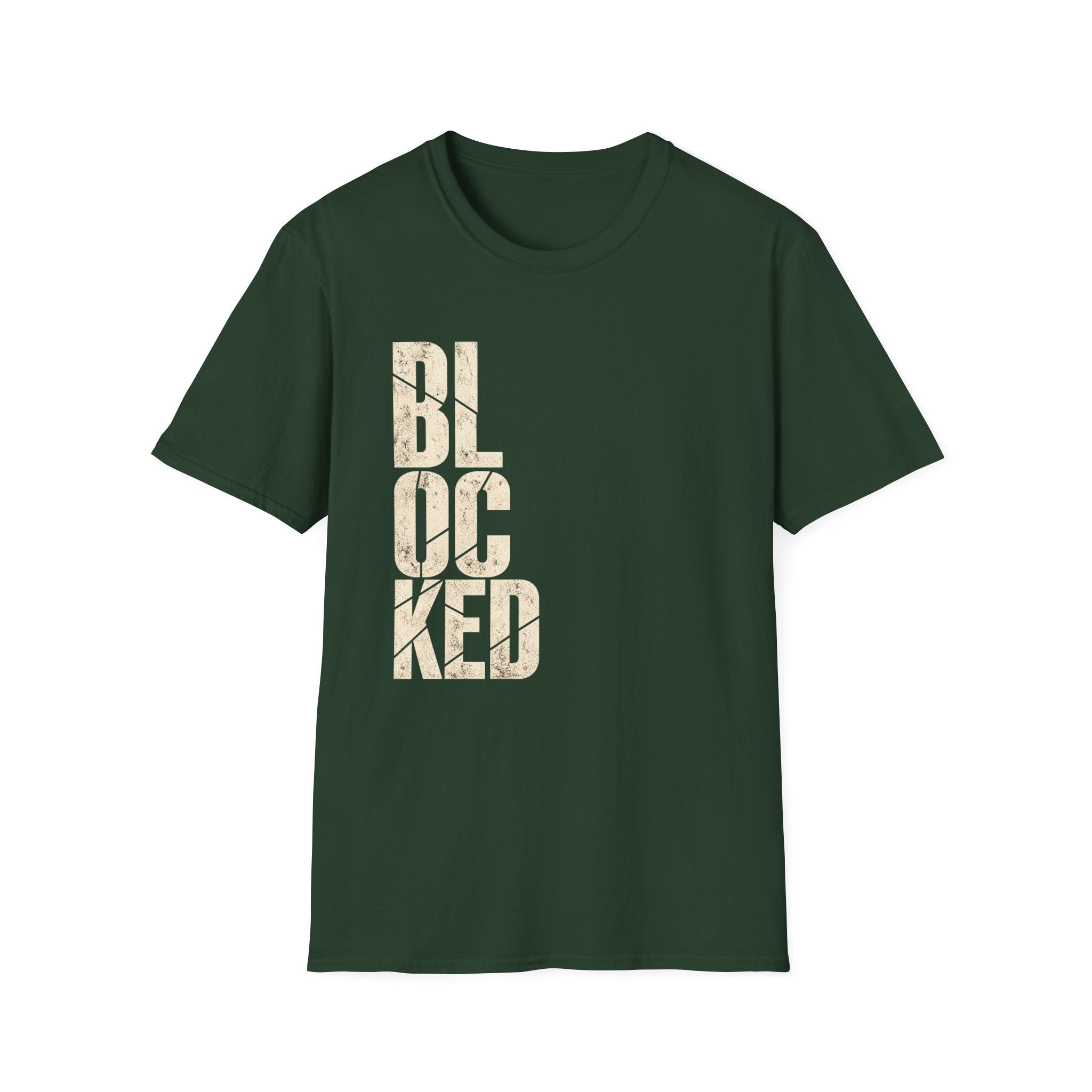 A green short-sleeve crewneck t-shirt featuring the word 'BLOCKED' printed vertically on the front in a distressed beige font, shown against a plain white background.