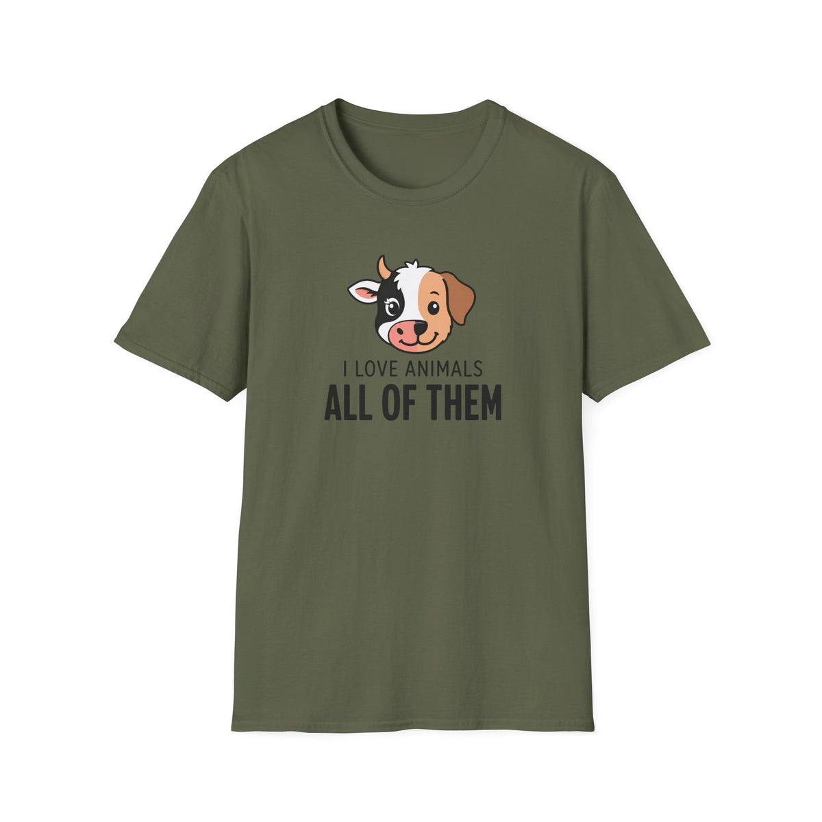 Military green vegan short-sleeve crewneck t-shirt featuring a cartoon dog graphic and the text 'I LOVE ANIMALS ALL OF THEM' printed on the chest, displayed against a solid white background.