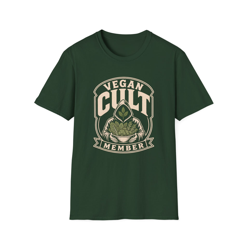 Forest green t-shirt with text 'vegan cult member'