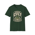 Forest green t-shirt with text 'vegan cult member'