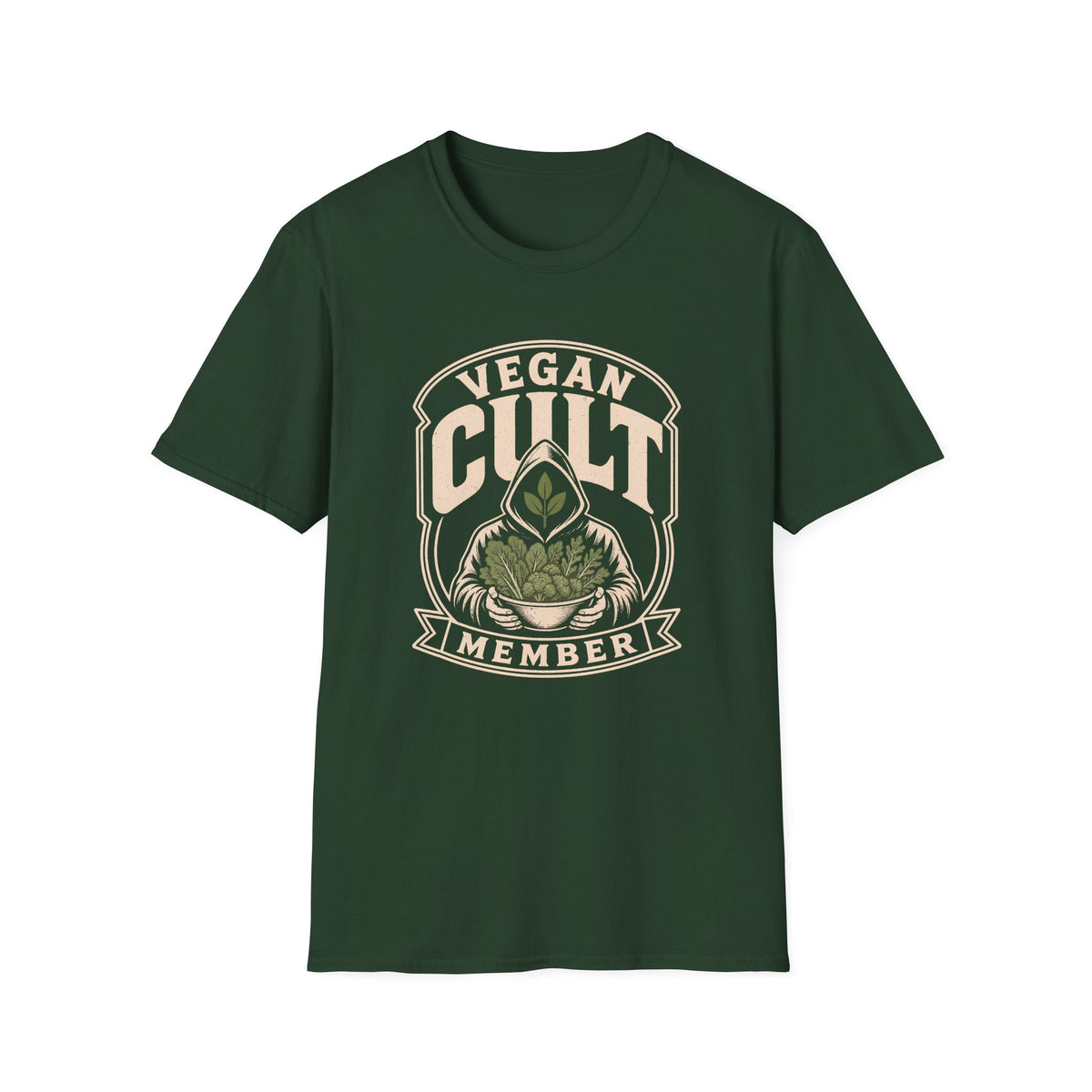 Forest green t-shirt with text 'vegan cult member'