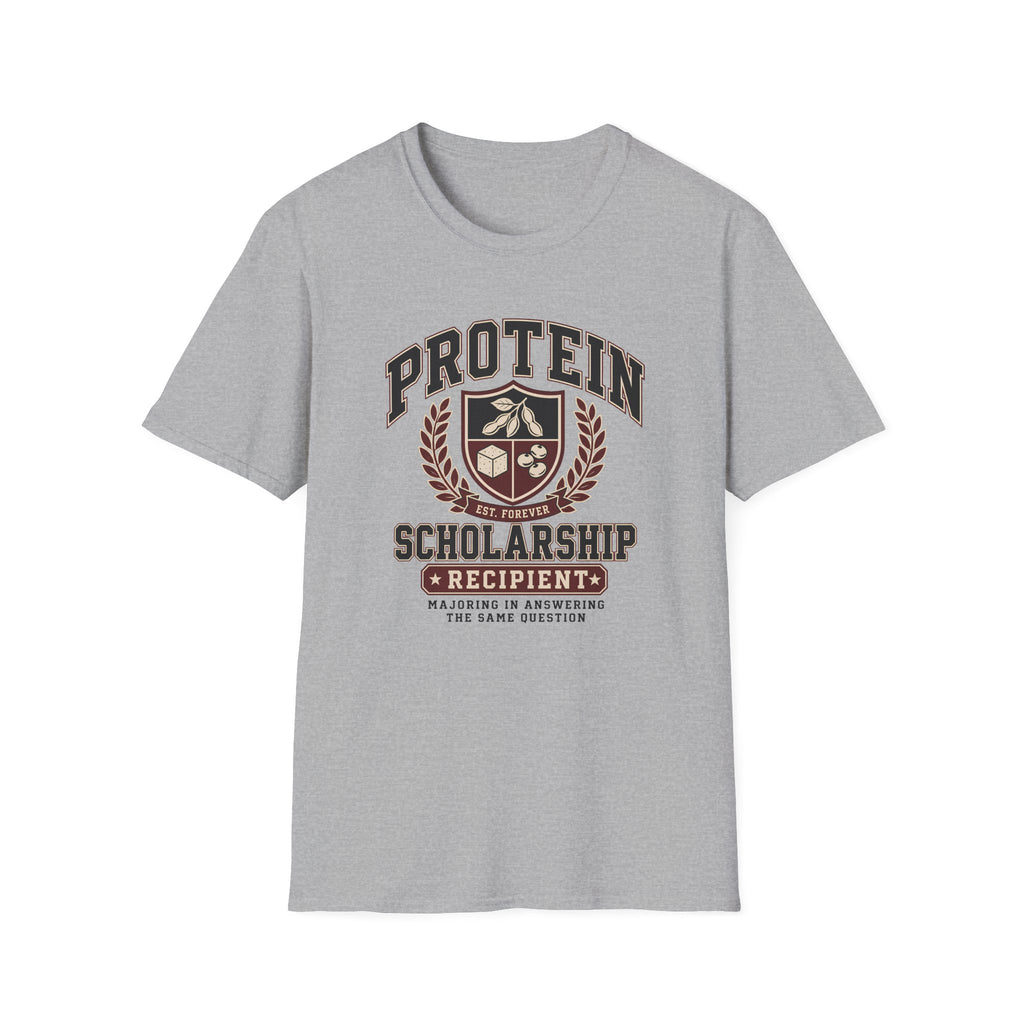 Vintage collegiate crest design reading “Protein Scholarship Recipient” with soybean, tofu, and bean illustrations and the words “Majoring in Answering the Same Question.”