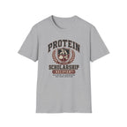 Vintage collegiate crest design reading “Protein Scholarship Recipient” with soybean, tofu, and bean illustrations and the words “Majoring in Answering the Same Question.”