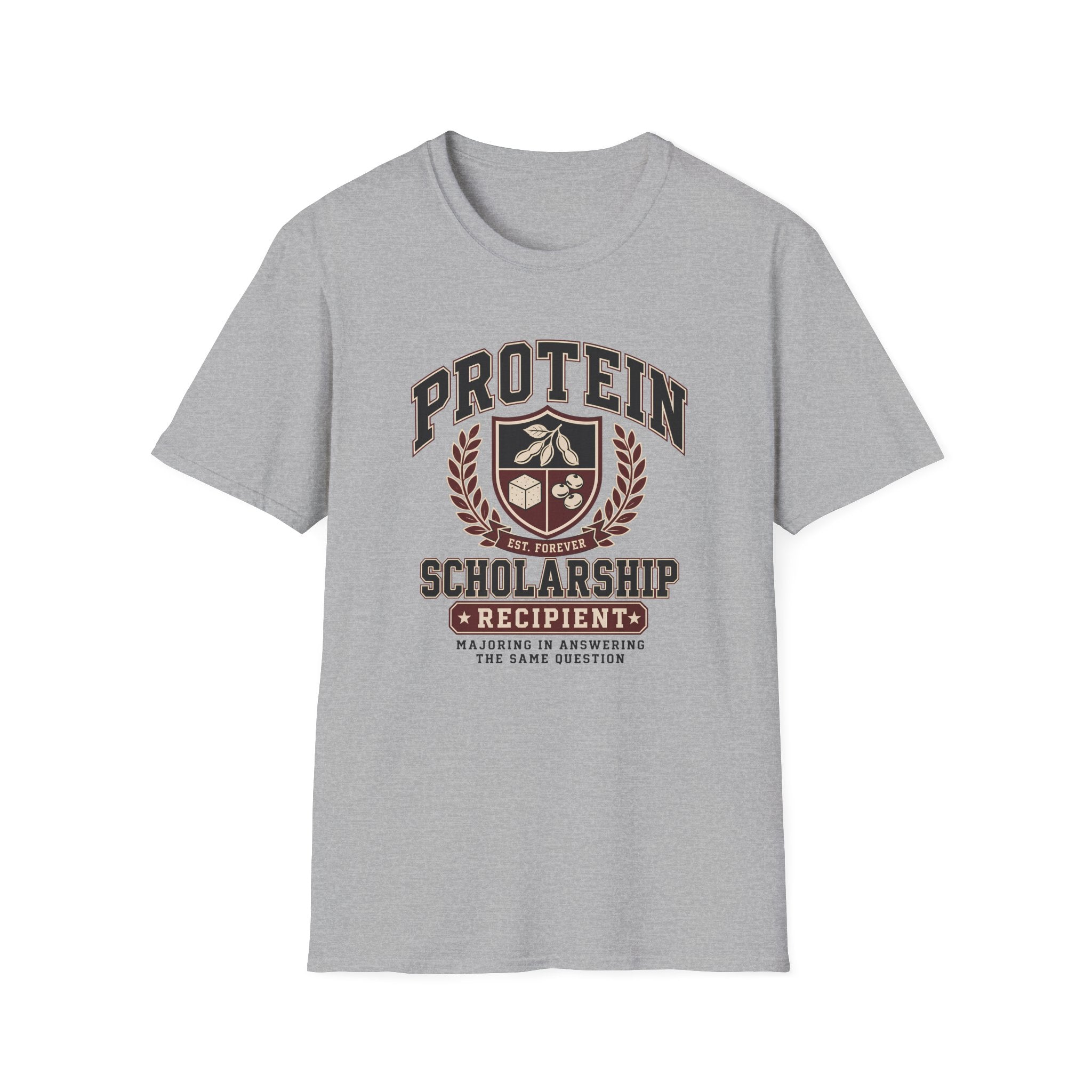 Vintage collegiate crest design reading “Protein Scholarship Recipient” with soybean, tofu, and bean illustrations and the words “Majoring in Answering the Same Question.”