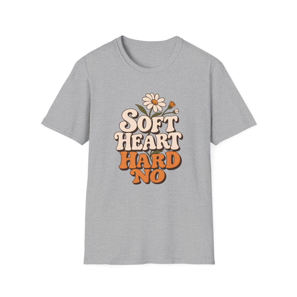 A light gray short-sleeve crewneck t-shirt featuring a retro-style graphic on the chest that reads 'SOFT HEART HARD NO' in cream and orange lettering, decorated with a small daisy and butterfly.