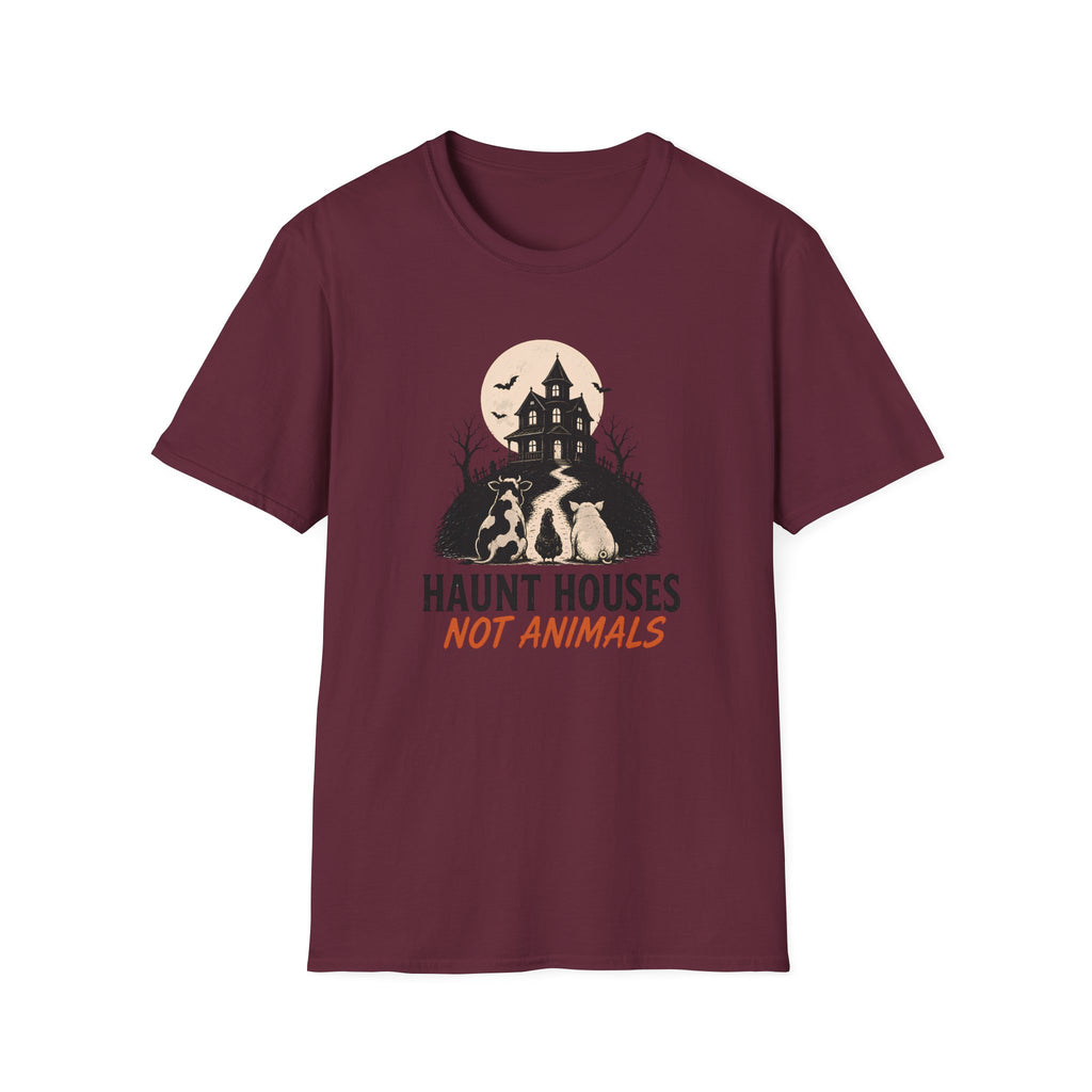 Maroon halloween vegan graphic tee with text 'haunt houses not animals'