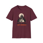 Maroon halloween vegan graphic tee with text 'haunt houses not animals'