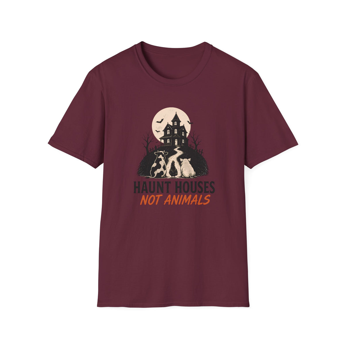 Maroon halloween vegan graphic tee with text 'haunt houses not animals'