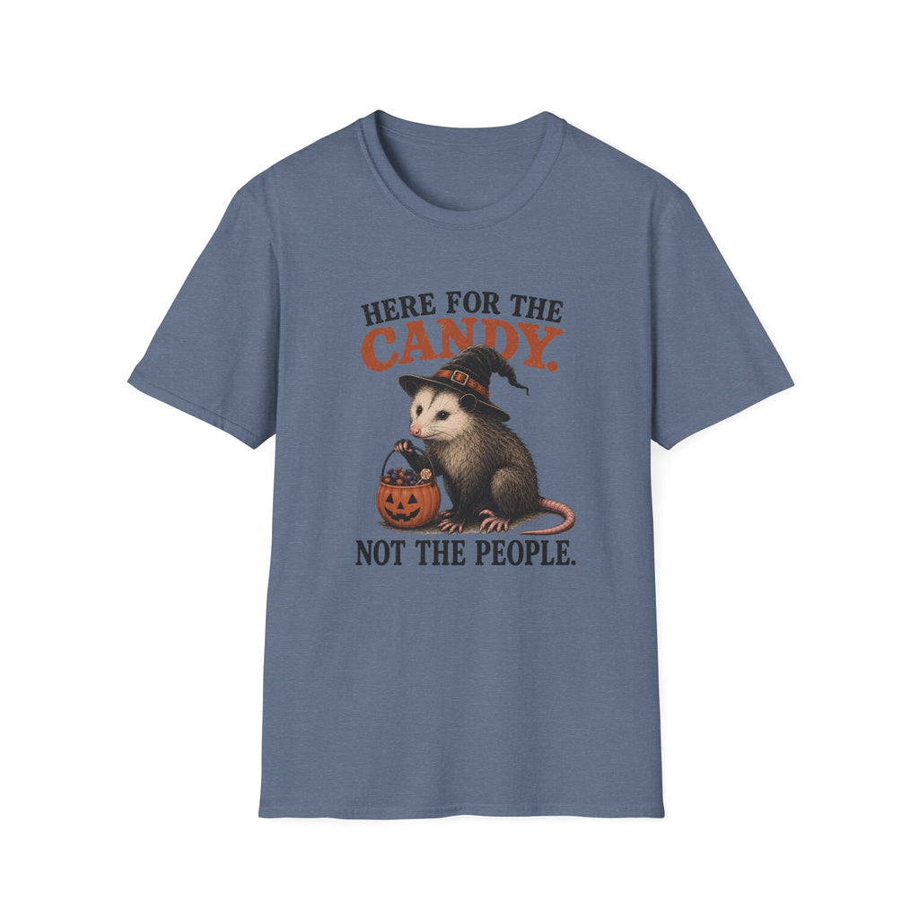 A heathered slate blue crewneck t-shirt featuring a Halloween graphic of an opossum wearing a witch hat and sitting next to a jack-o'-lantern, with the text 'HERE FOR THE CANDY. NOT THE PEOPLE.
