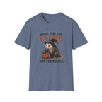 A heathered slate blue crewneck t-shirt featuring a Halloween graphic of an opossum wearing a witch hat and sitting next to a jack-o'-lantern, with the text 'HERE FOR THE CANDY. NOT THE PEOPLE.