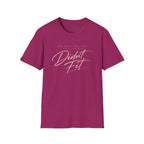 A hot pink graphic t-shirt  The t-shirt features the text 'MADE MYSELF SMALL ONCE. DIDN'T FIT'