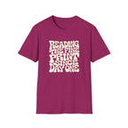 pink t-shirt with text 'reading the fine print since day one'