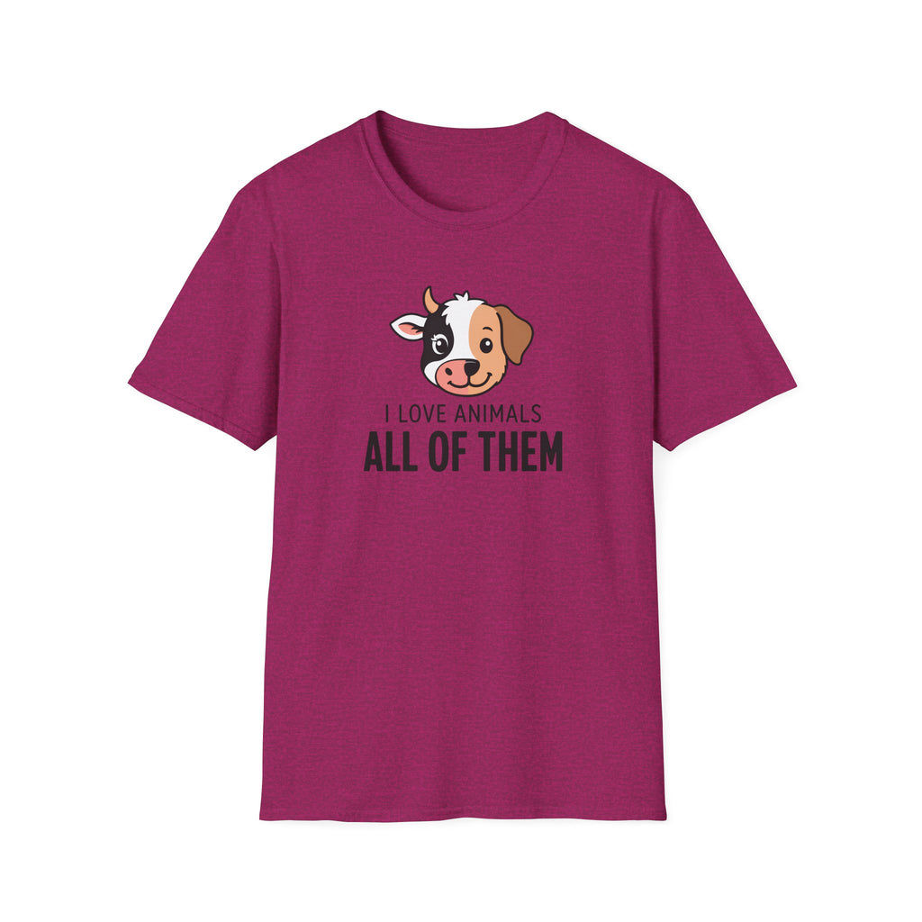 A heather magenta vegan short-sleeve t-shirt with a cartoon dog graphic and the text 'I LOVE ANIMALS ALL OF THEM' printed on the chest, displayed against a solid white background.