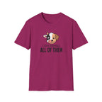 A heather magenta vegan short-sleeve t-shirt with a cartoon dog graphic and the text 'I LOVE ANIMALS ALL OF THEM' printed on the chest, displayed against a solid white background.