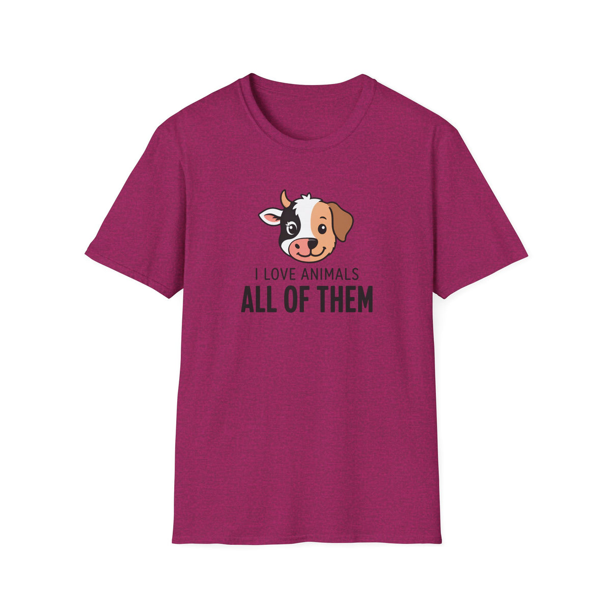A heather magenta vegan short-sleeve t-shirt with a cartoon dog graphic and the text 'I LOVE ANIMALS ALL OF THEM' printed on the chest, displayed against a solid white background.