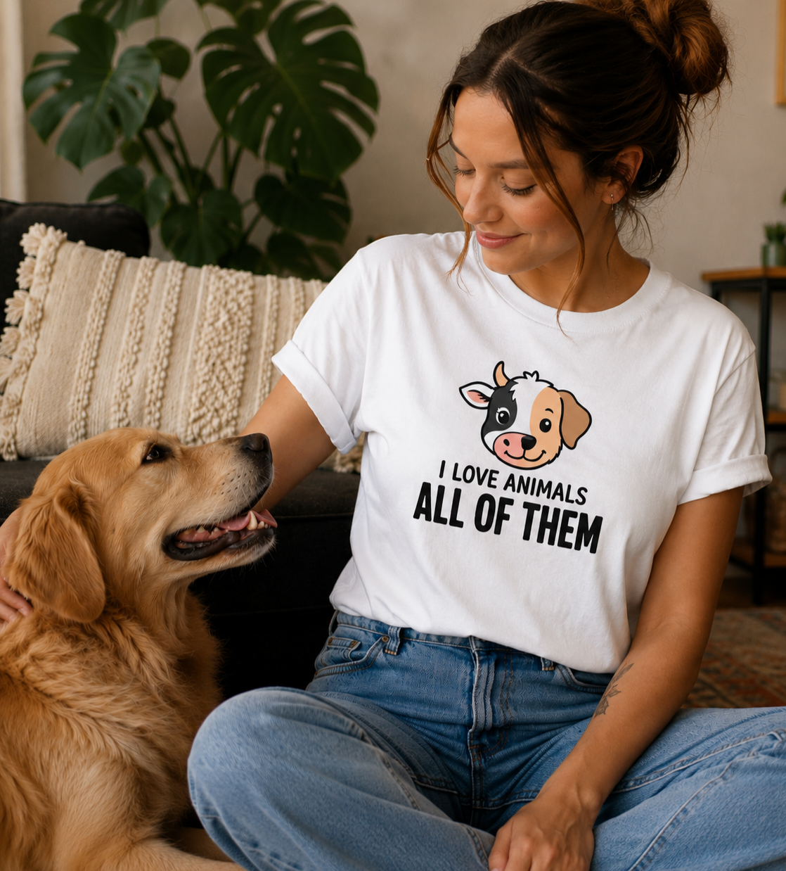 A woman sitting on a couch in a living room, wearing a white graphic t-shirt with a cartoon cow-dog face and the text 'I LOVE ANIMALS ALL OF THEM'. She is petting a golden retriever dog.