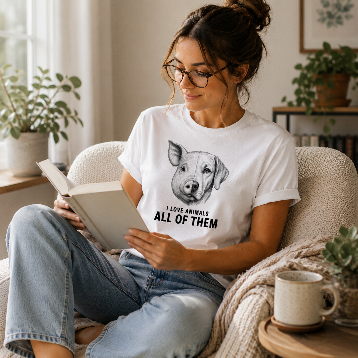 A woman wearing a white graphic T-shirt sits on a beige armchair in a cozy living room, reading a book. The shirt features a black line drawing of a dog's face and the text 'I LOVE ANIMALS ALL OF THEM'.