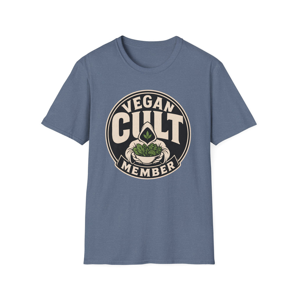 Blue t-shirt with 'Vegan Cult Member' graphic on a white background
