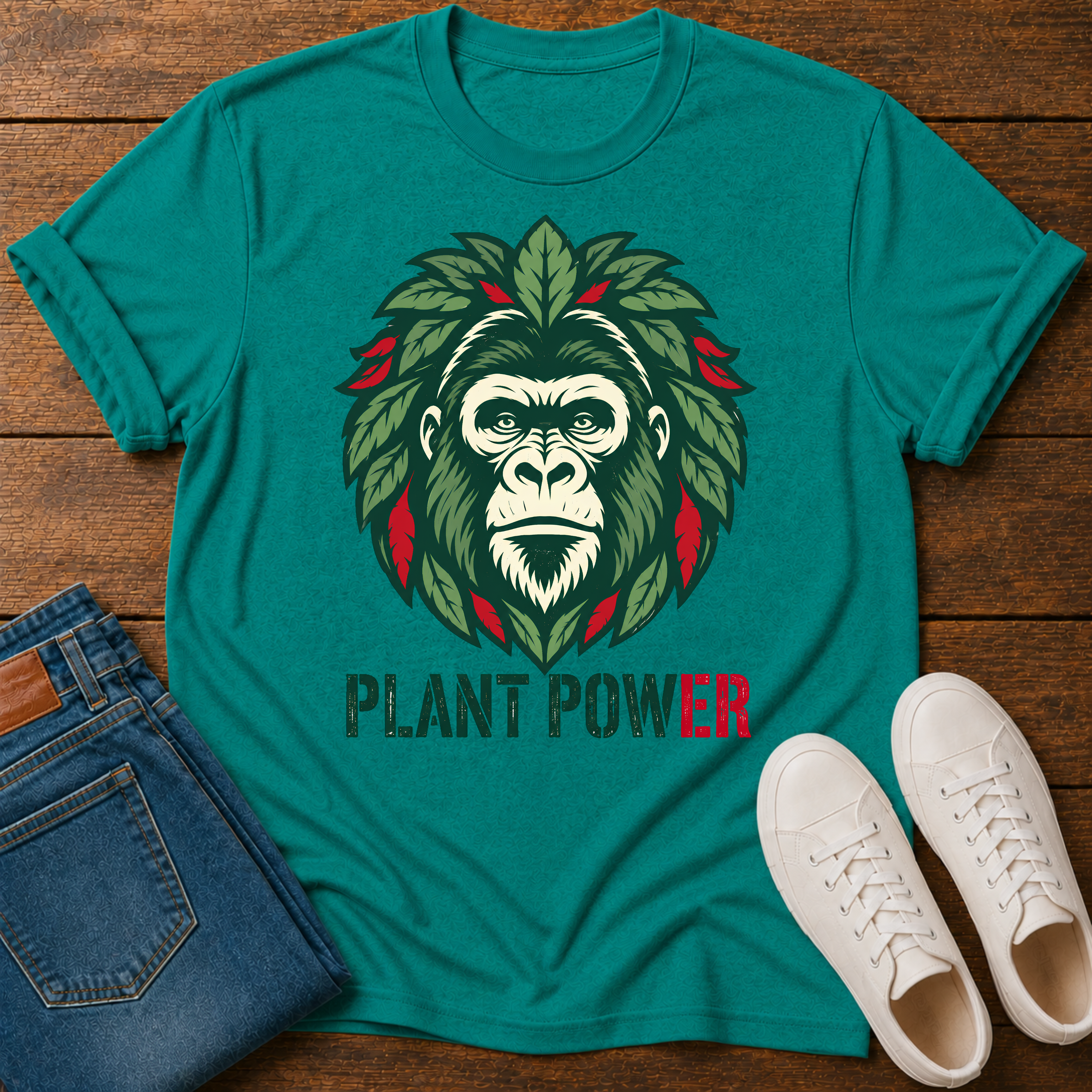 A jade short-sleeve graphic T-shirt laid flat on a wooden surface, styled with folded blue jeans and white sneakers. The shirt features a large illustrated gorilla face surrounded by green leaves and red accents, with the text 'PLANT POWER' printed below.
