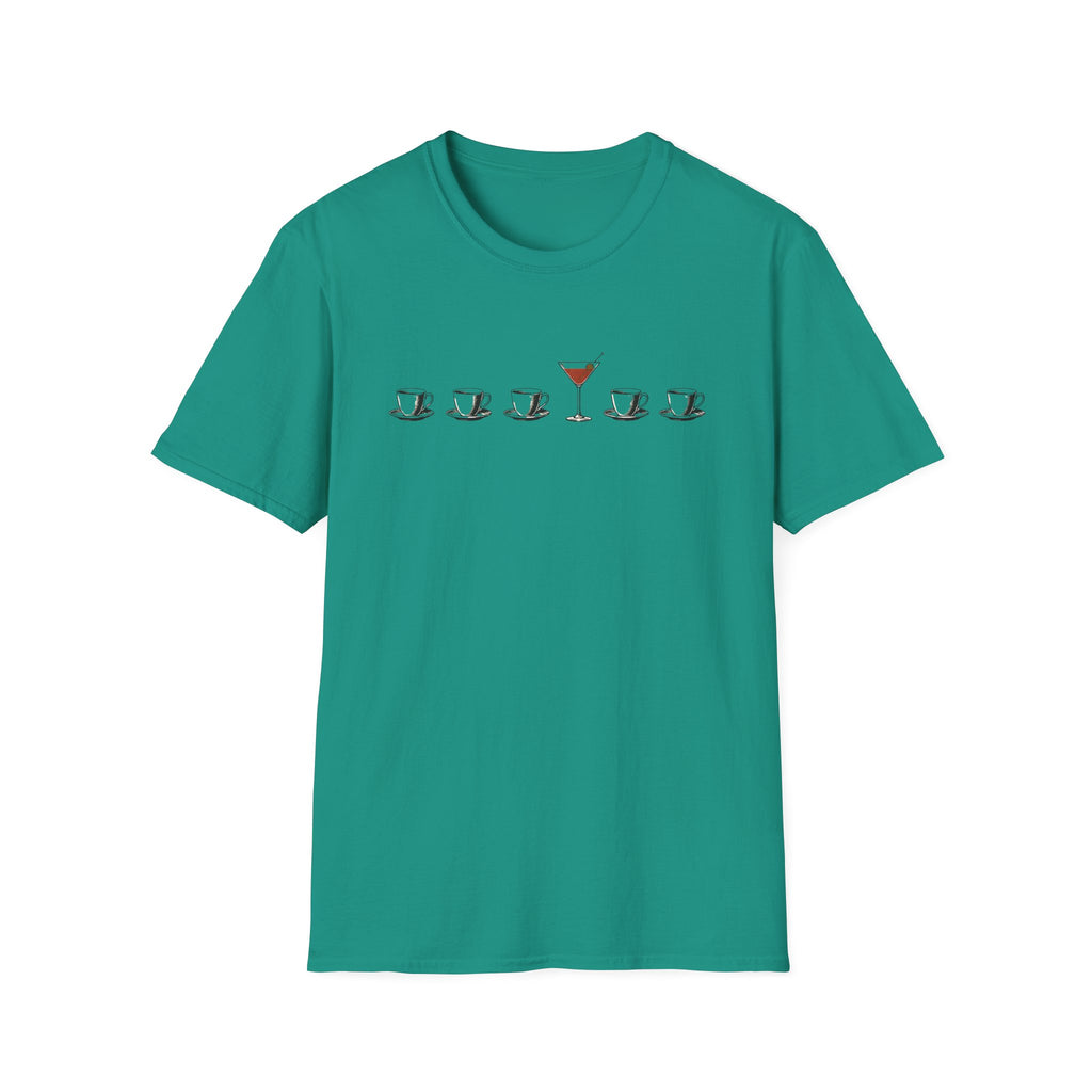 Jade green short-sleeve crewneck t-shirt featuring a graphic print on the chest of five coffee cups in a row, with the center cup replaced by a martini glass filled with red drink.