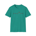 Jade green short-sleeve crewneck t-shirt featuring a graphic print on the chest of five coffee cups in a row, with the center cup replaced by a martini glass filled with red drink.