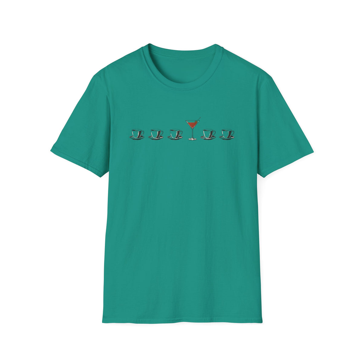 Jade green short-sleeve crewneck t-shirt featuring a graphic print on the chest of five coffee cups in a row, with the center cup replaced by a martini glass filled with red drink.