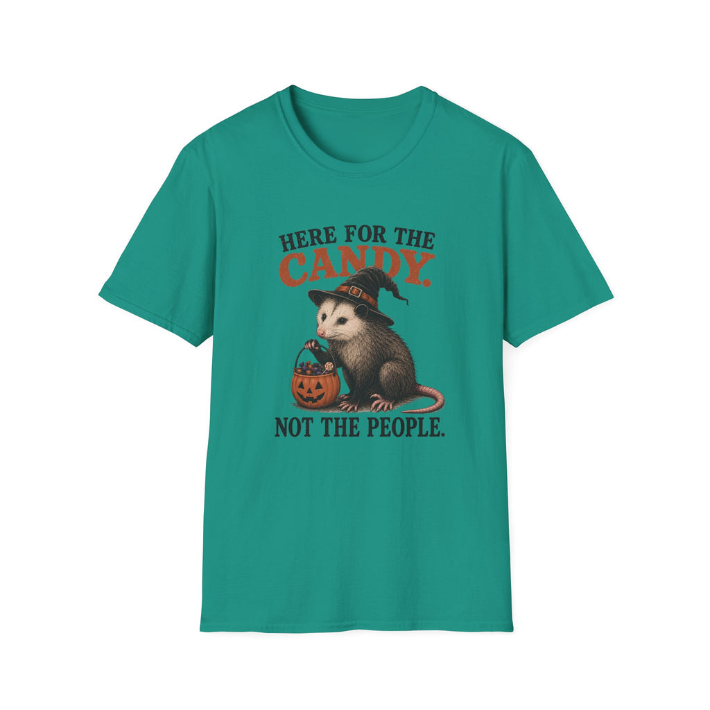 A teal green short-sleeve crewneck t-shirt featuring a Halloween graphic of an opossum wearing a witch hat and holding a pumpkin candy basket, with the text 'HERE FOR THE CANDY. NOT THE PEOPLE.