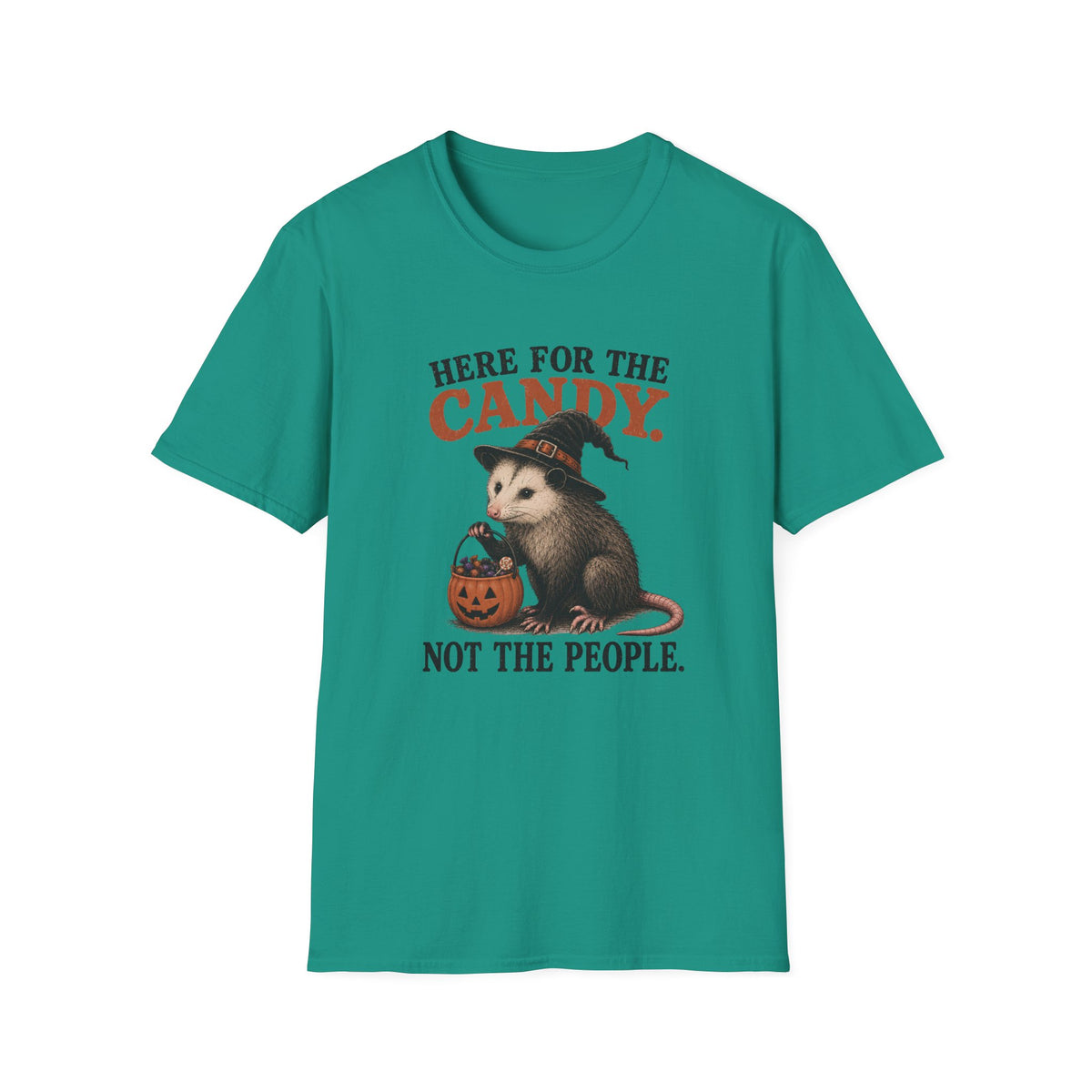 A teal green short-sleeve crewneck t-shirt featuring a Halloween graphic of an opossum wearing a witch hat and holding a pumpkin candy basket, with the text 'HERE FOR THE CANDY. NOT THE PEOPLE.