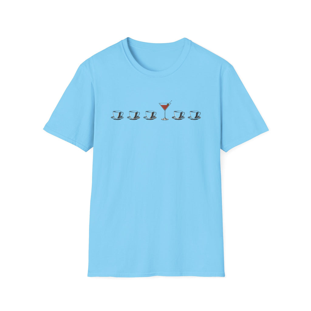 A light blue short-sleeve crewneck t-shirt with a graphic on the chest showing five coffee cups and a martini glass, displayed on a solid white background.