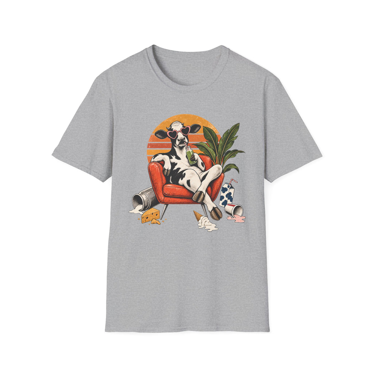 Light grey short-sleeve crewneck t-shirt featuring a colorful graphic print of a cow lounging in an orange armchair against a sunset background.