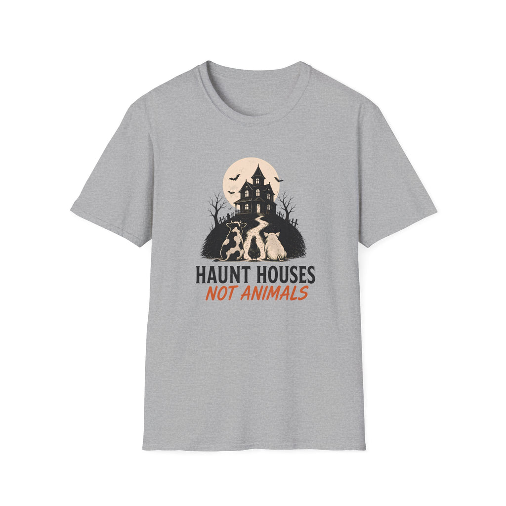 A heather gray short-sleeve crewneck t-shirt featuring a Halloween graphic of a haunted house, bats, and three dogs under a full moon, with the text 'HAUNT HOUSES NOT ANIMALS' printed below.