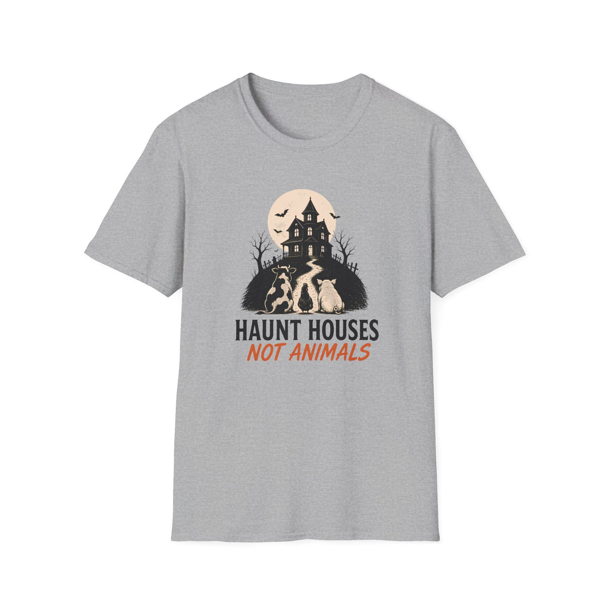 A heather gray short-sleeve crewneck t-shirt featuring a Halloween graphic of a haunted house, bats, and three dogs under a full moon, with the text 'HAUNT HOUSES NOT ANIMALS' printed below.
