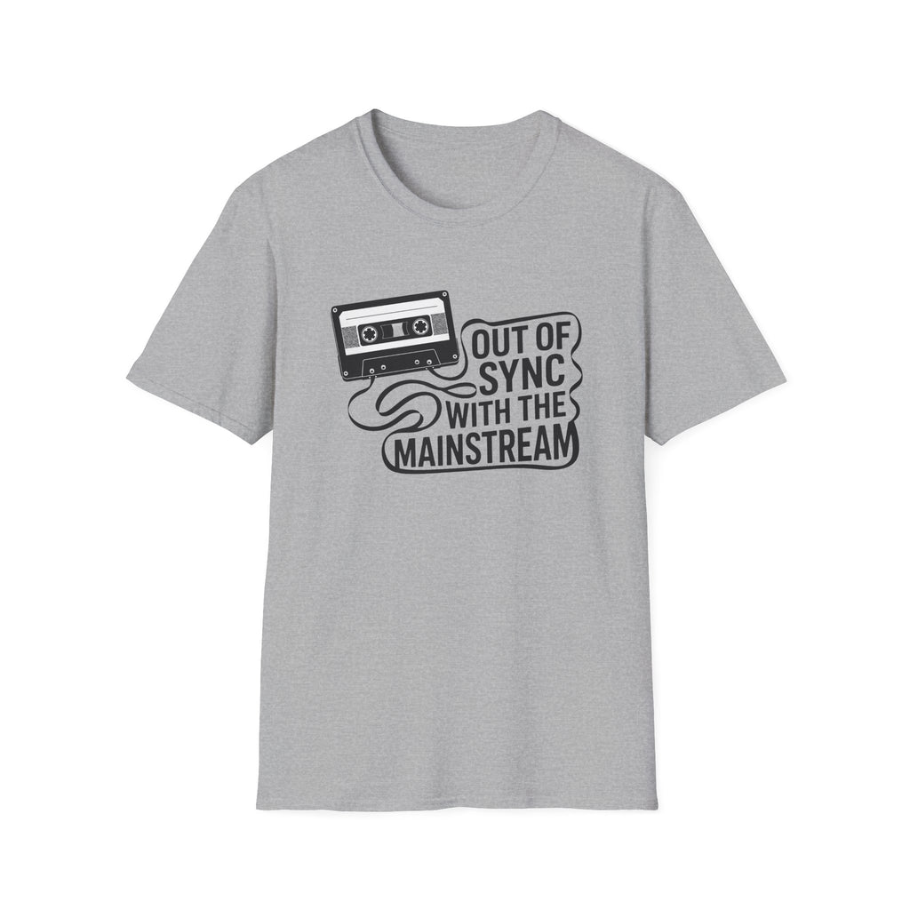 A light gray short-sleeve crewneck t-shirt featuring a black graphic of a cassette tape and the text 'OUT OF SYNC WITH THE MAINSTREAM' on the front, displayed against a solid white background.