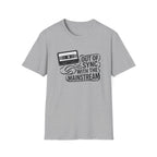 A light gray short-sleeve crewneck t-shirt featuring a black graphic of a cassette tape and the text 'OUT OF SYNC WITH THE MAINSTREAM' on the front, displayed against a solid white background.